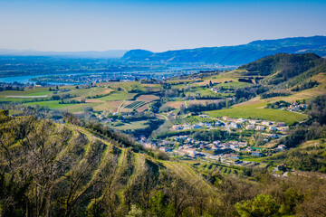 Obraz premium View on Crozes-Hemritage small village, the Rhone Valley vineyards and the Ardeche mountains from the Mejeans belvedere (Drome, France)