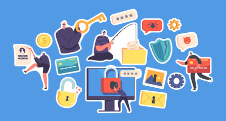 Set of Stickers Hacker Attack, Phishing, Stealing Personal Data, Spoofing in Internet. Cyber Security, Bulgar Steal Data