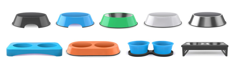 Realistic 3d pet bowls set on isolated background vector illustration. Cat and dog bowls mockup with different colors