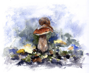 Watercolor drawing snail on the mushroom on the colorful background