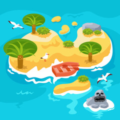 Naklejka premium Map of the island with the sea. Background for games, design. Ocean, palm trees, treasures and mountains, boat and seagulls. Vector illustration.