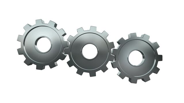 3D rendering of three silver rotating gear, wheels with cogs isolated on white background with alpha channel. Metal gearwheel rotate together. Metallic clockwork or transmission is turning.