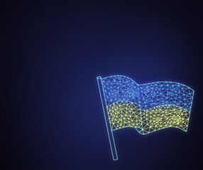 2D neon flag of Ukraine with polygonal lines on dark blue background with copy space. Technological, luxury, space background. Politics, geography with place for text with yellow and blue flag