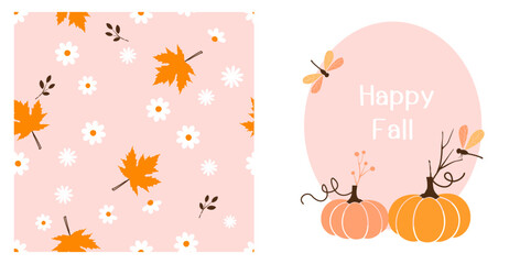  Seamless patterns with maple leaves, daisy flower, leaves on pink background vector. Happy fall season with pumpkins, branch and dragonflies vector.