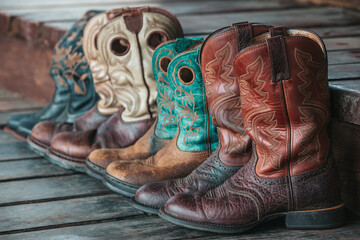 Brown cowboy boots. Western boots stand in a row on wooden steps.