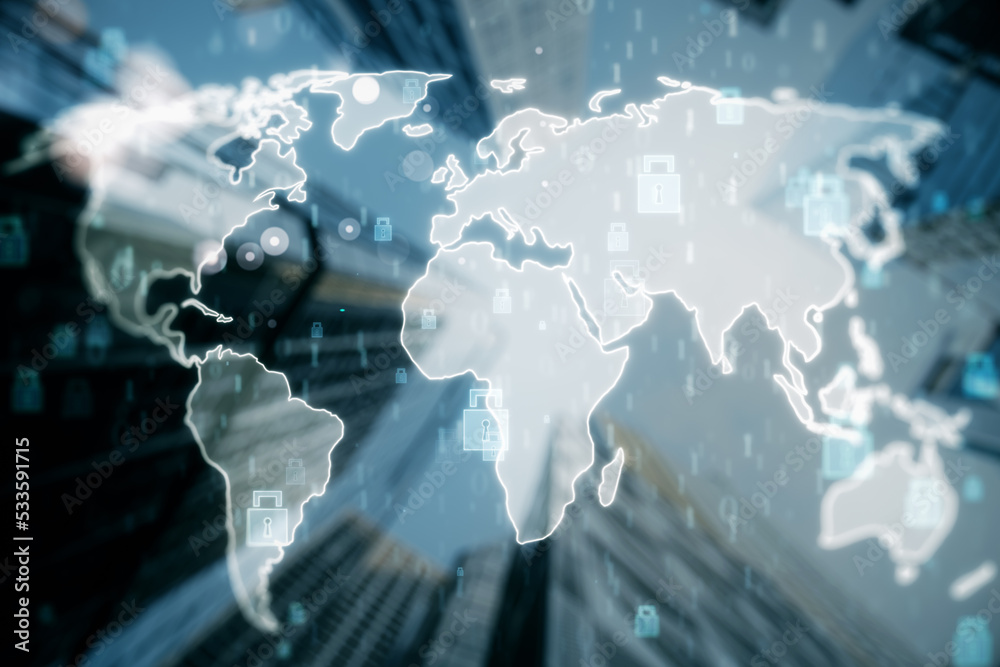 Poster creative glowing ecryption map hologram with padlock icons on blurry city background. communication,
