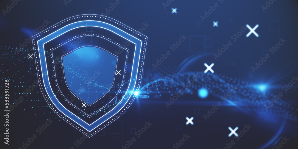 Poster Abstract wide perspective glowing shield hologram on blue texture with various blurry icons. Cyber security, data protection concept. Modern wireframe design. 3D Rendering.