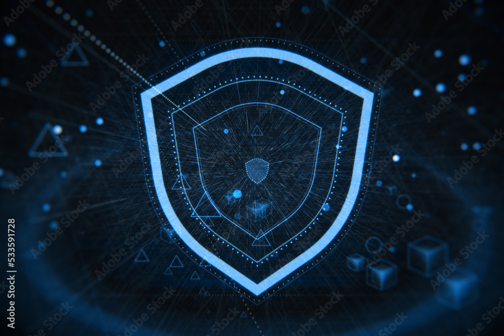 Poster creative glowing shield hologram on blue backdrop with various blurry icons. cyber security, data pr