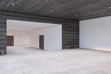 Modern hall way interior with wooden wall. Spacious room concept. 3D Rendering.