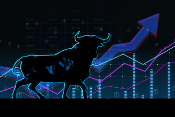 Going high stock market and bullish trend concept with digital bull silhouette on dark background with raising up arrows, graphs and indicators. 3D rendering