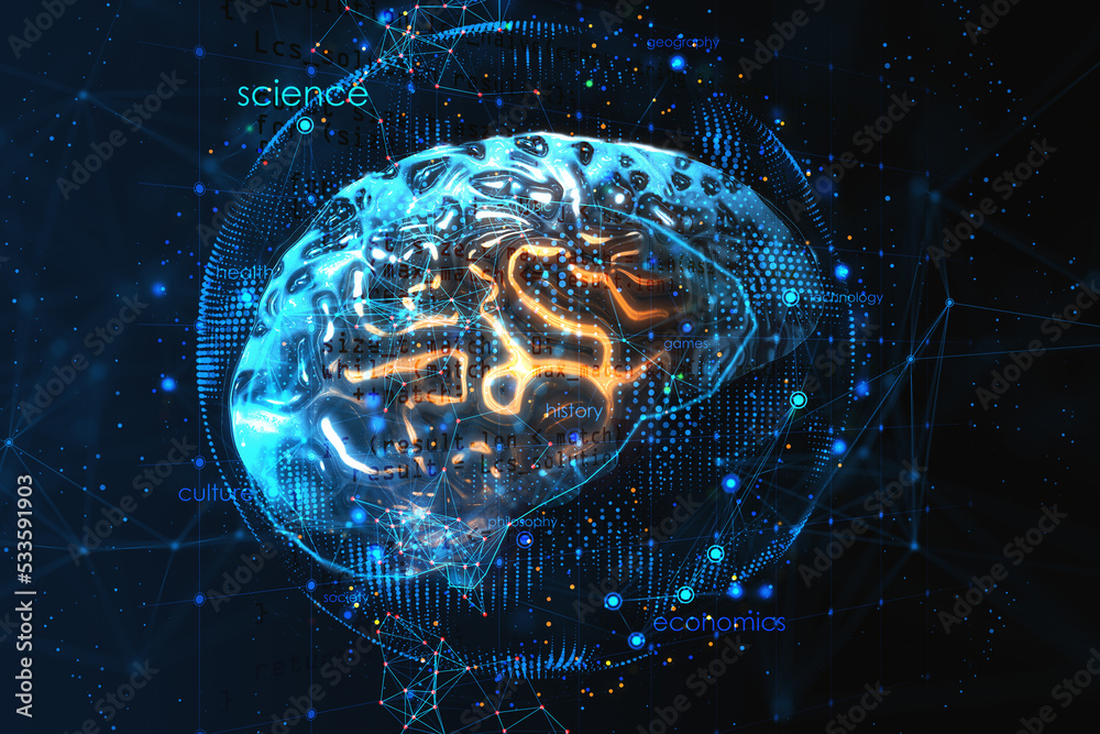 Poster Neural network and artificial intelligence concept with digital human brain silhouette with glowing yellow convolutions surrounded by blue illuminated sphere on dark background. 3D rendering