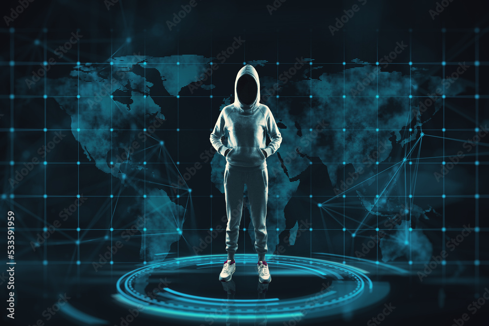 Poster hacker standing in abstract interior with map hologram. business, spy, data theft, and modern techno