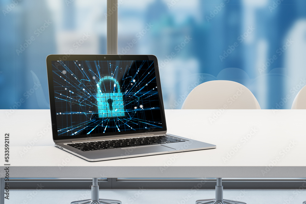 Poster close up of office workplace with laptop and abstract glowing padlock on screen, blurry city view ba