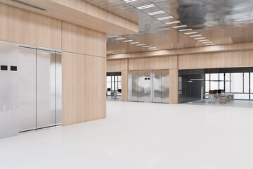 Modern spacious office interior with shiny ceiling, elevators, window and city view, furniture and daylight. Workplace and design concept. 3D Rendering.