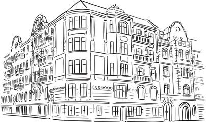 An old building drawn in perspective. Linear illustration.