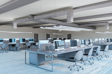 Fototapeta na wymiar Modern coworking office interior with wooden flooring, furniture and daylight. 3D Rendering.