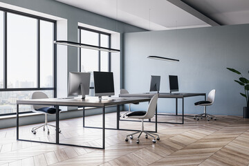 Contemporary meeting room office interior with wooden flooring, furniture, computers, window with city view. Workplace, law and legal concept. 3D Rendering.