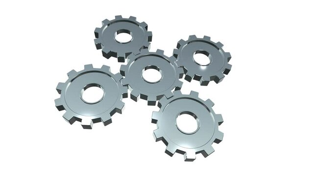 3D rendering of five silver rotating gear, wheels with cogs isolated on white background with alpha channel. Metal gearwheel rotate together. Metallic clockwork or transmission is turning.