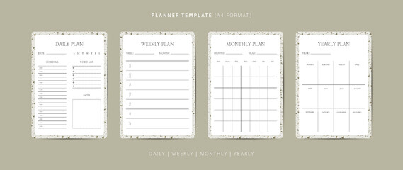 Set of daily, weekly, monthly, and yearly planner minimalist template with terrazzo pattern