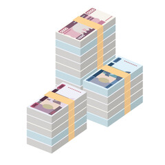 Myanmar Kyat Vector Illustration. Southeast Asian money set bundle banknotes. Paper money 5000, 1000, 500, 200 MMK. Flat style. Isolated on white background. Simple minimal design.