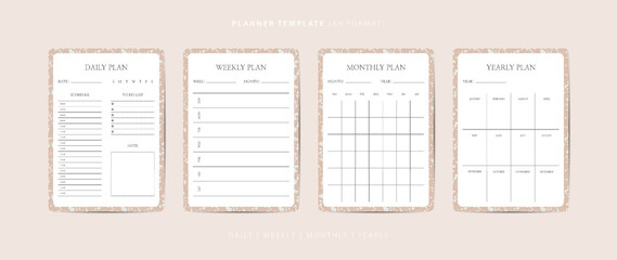 Set of daily, weekly, monthly, and yearly planner minimalist template with terrazzo pattern