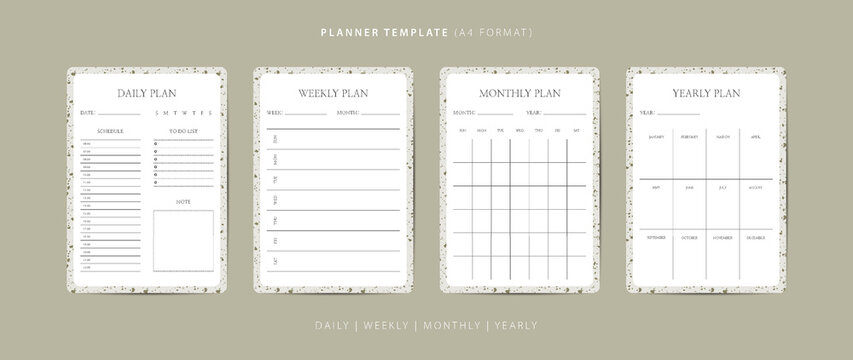Set of daily, weekly, monthly, and yearly planner minimalist template with terrazzo pattern
