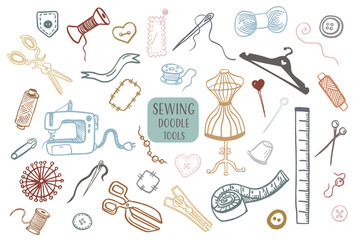 Sewing doodles hobby hand made icons vector set. Vector outline illustration. Tailoring background for logo, web and print designs.