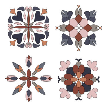 Patterned azulejo floor tiles. Abstract geometric background. Vector illustration, seamless mediterranean pattern. Portuguese floor cement tiles design. Colored tiles stensil
