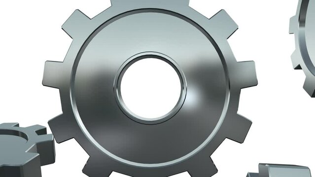 3D rendering of five silver rotating gear, wheels with cogs isolated on white background with alpha channel. Metal gearwheel rotate together. Metallic clockwork or transmission is turning. Close up.