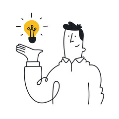 Businessman holding a bulb, idea symbol. Concept of idea presentation, smart innovation, solution, startup, creativity. Outline, linear, thin line, doodle art. Simple style with editable stroke.