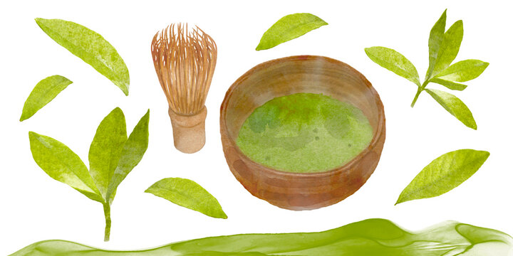 抹茶の茶碗・茶筅・茶葉の水彩手描きイラストセット