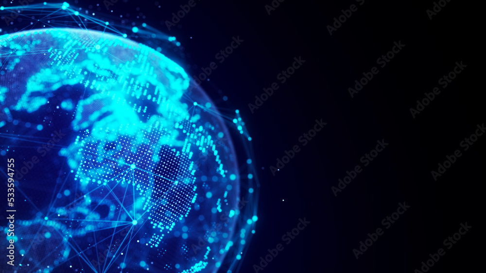 Poster Abstract planet Earth with particles and a connected shell with lines. Global network connection. Science and technology. 3D rendering.