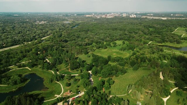 Panoramic Overview Shot Of Green Landscape Area Near Morton Arboretum Park, Chicago