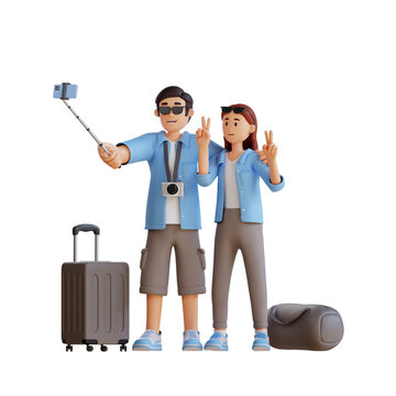 female and male tourists taking selfie together 3d character illustration