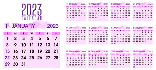 Calendar template for the year 2023. Starting on Sunday. Wall calendar in modern style.