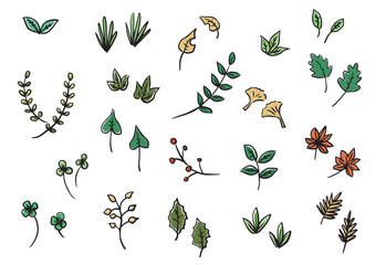 筆で書いた葉っぱのベクターイラストのセット