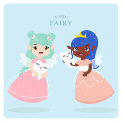 Couple of cute cartoon tooth fairy illustration