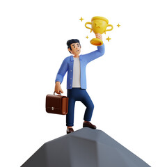 businessman on top of rock holding golden trophy 3d character illustration