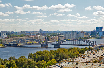 View to the southeast, the Neva and the Bolsheokhtinsky bridge from the belfry of the Smolny Cathedral. St. Petersburg. Russia