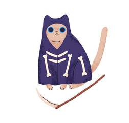 Cute Halloween cat in Death costume, robe. Funny kitty with scythe. Amusing fairy feline animal disguised in Helloween holiday cape. Flat graphic vector illustration isolated on white background