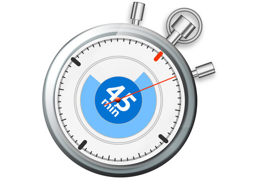 Timer on stopwatch with 45 minutes isolated