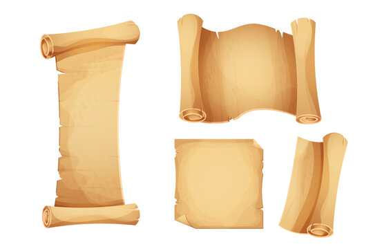 Set ancient old parchment paper, scroll, page empty medieval letter in cartoon style isolated on white background. Game asset, grunge frame, manuscript.