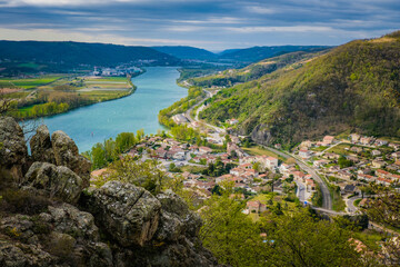 Fototapeta na wymiar View on the village of Andance and the Rhone river from the Three Crosses Belvedere in Ardeche, France