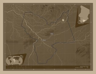 Moyen-Chari, Chad. Sepia. Labelled points of cities