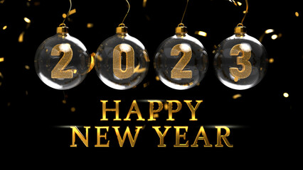 Happy new Year 2023. New year golden decor. 3d render illustration