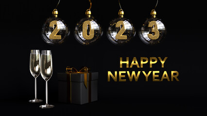 Happy New Year 2023 black and golden poster. Christmas balls with number 2023. 3d render illustration