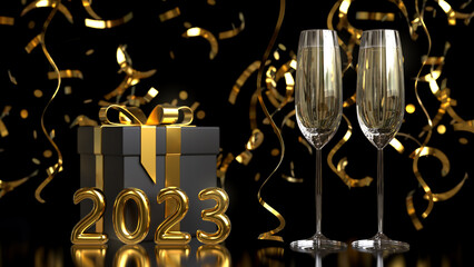 Christmas and New Year background. Glasses with champagne and gift box on the black background. 3d render illustration