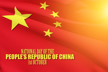 Close up waving flag of China with text. Flag symbols of China. National day of the people's republic of China. 1st october. 3d rendering.