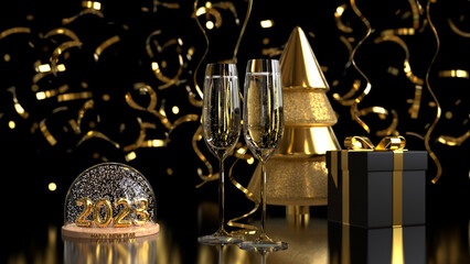 Happy new year 2023. Golden christmas tree with gift box and glasses champagne. 3d render illustration
