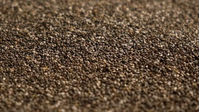 Chia Seeds Wallpaper. Raw Chia Seeds Rotating on Turntable. Close Up, Top View, Macro. Superfood. Spinning. Full Frame. Food Background. Shiny textured White, Gray and Brown Chia. Paleo Diet Concept.